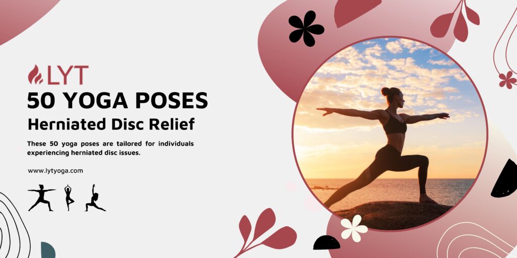 a banner image representing the 50 Yoga poses for herniated disc pain relief