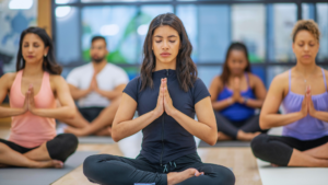 Group of people in meditation pose practicing breathing exercises that demonstrate how the body stays warm in cold weather through controlled respiration.