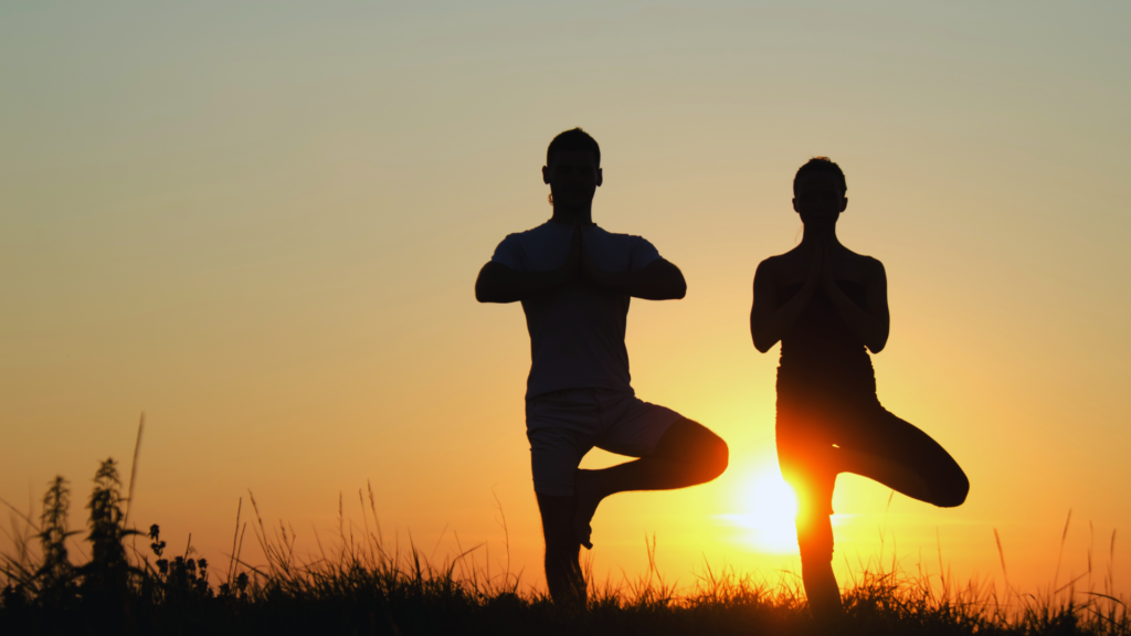 Two people practicing yoga tree pose in silhouette against a sunset sky outdoors.